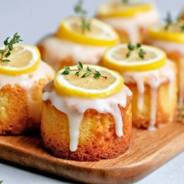 Mini lemon drizzle cakes topped with glaze and lemon zest.