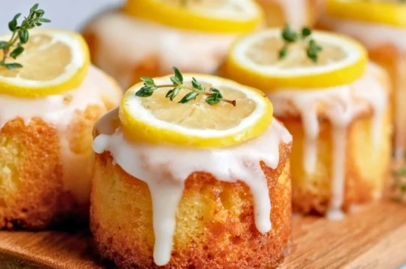 Mini lemon drizzle cakes topped with glaze and lemon zest.