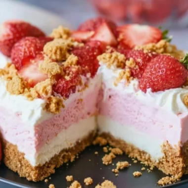 Delicious no-bake strawberry crunch cheesecake topped with fresh strawberries.