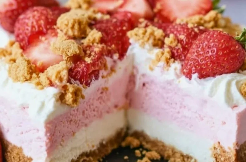 Delicious no-bake strawberry crunch cheesecake topped with fresh strawberries.