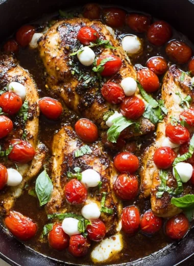 One-Pan Juicy Chicken with Balsamic Sauce served with fresh herbs