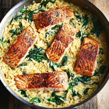 One Skillet Salmon with Lemon Orzo dish served in a skillet