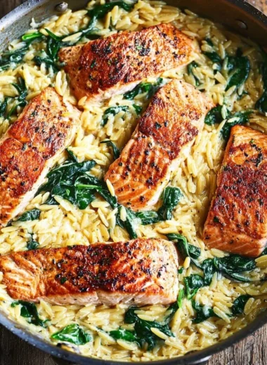 One Skillet Salmon with Lemon Orzo dish served in a skillet