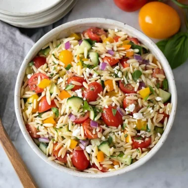 Colorful orzo salad with vegetables and dressing in a bowl