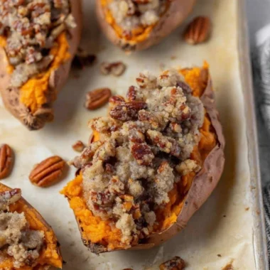 Twice baked sweet potatoes topped with pecan pie ingredients