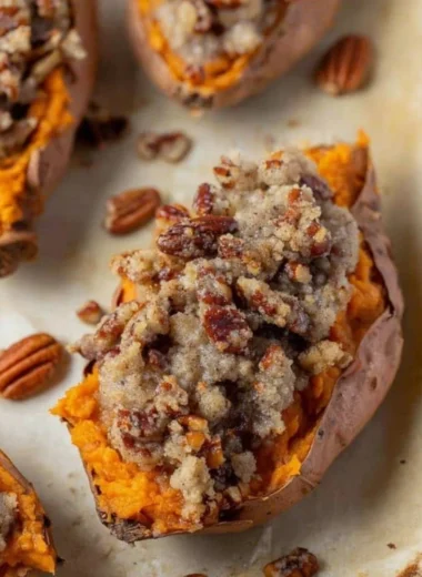 Twice baked sweet potatoes topped with pecan pie ingredients