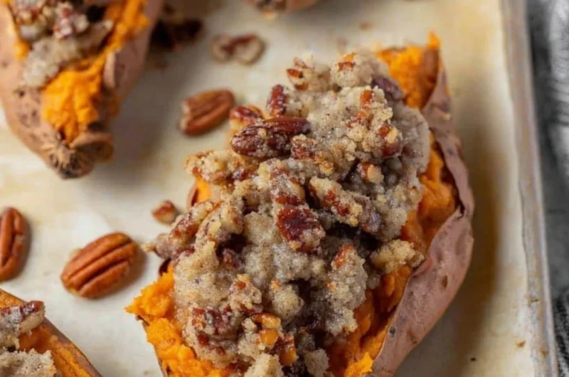 Twice baked sweet potatoes topped with pecan pie ingredients