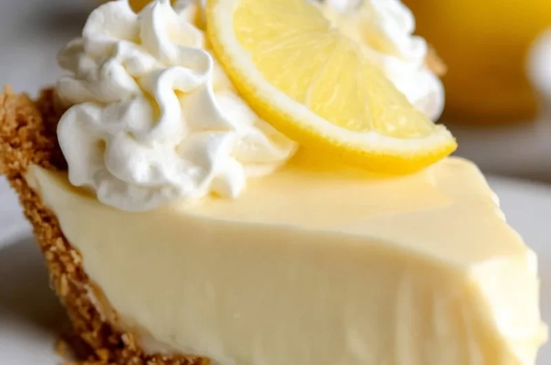 Delicious slice of lemon pie made with condensed milk, served as a refreshing dessert.