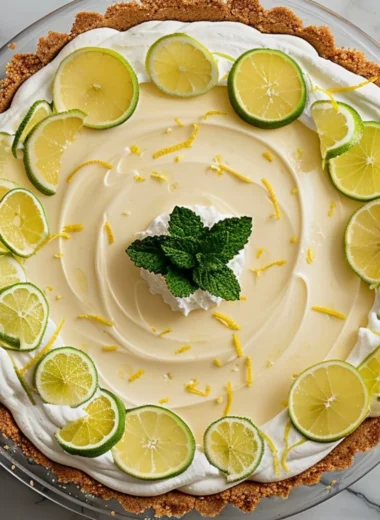 Pioneer Woman Lemon Icebox Pie served on a decorative plate with lemon slices