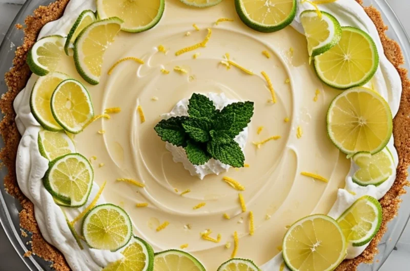Pioneer Woman Lemon Icebox Pie served on a decorative plate with lemon slices