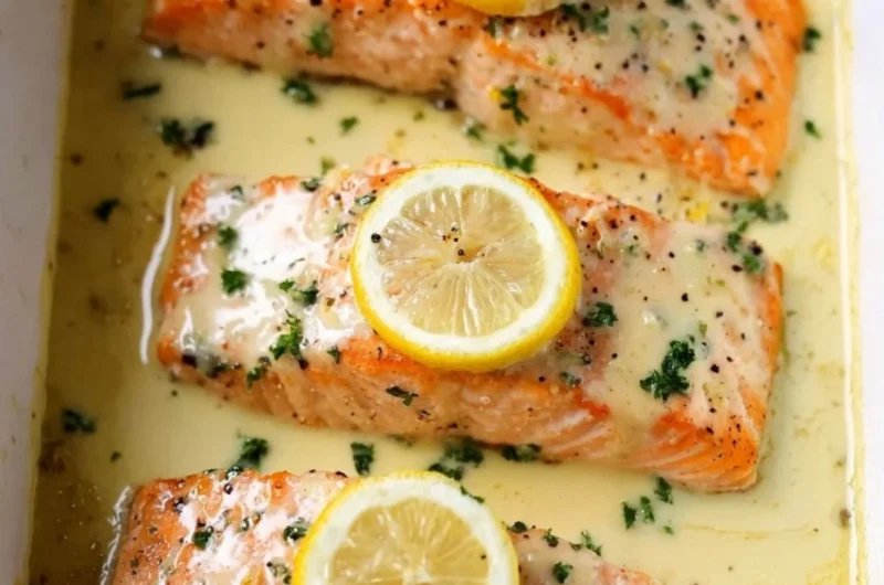 Salmon fillet topped with creamy lemon sauce garnished with herbs.