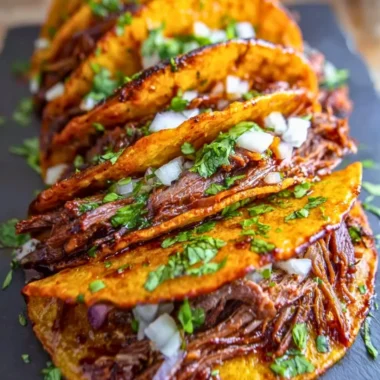 Delicious Slow Cooker Birria Tacos served with savory broth and garnishes.