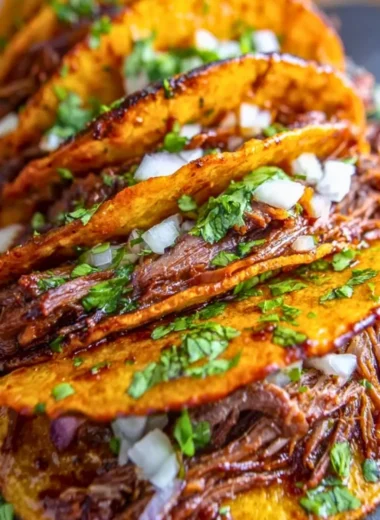 Delicious Slow Cooker Birria Tacos served with savory broth and garnishes.