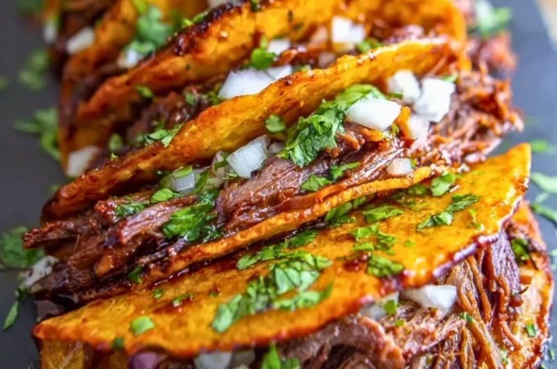 Delicious Slow Cooker Birria Tacos served with savory broth and garnishes.