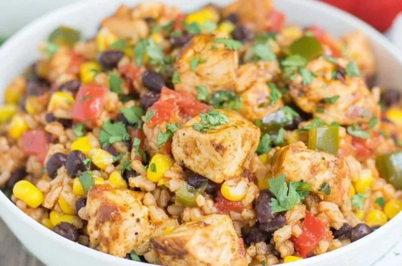 Delicious Southwest chicken and rice bowls with fresh vegetables and spices.