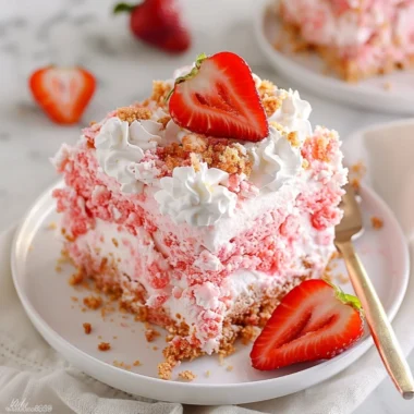 Slice of Strawberry Crunch Poke Cake with fresh strawberries and crunchy topping