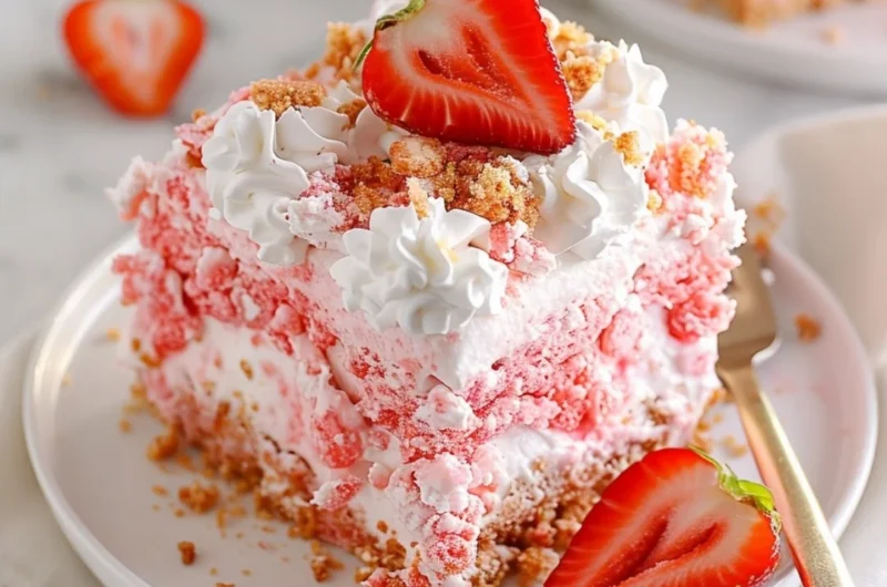 Slice of Strawberry Crunch Poke Cake with fresh strawberries and crunchy topping