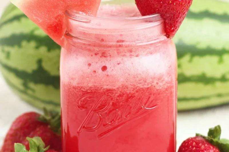 A refreshing glass of Strawberry Watermelon Cucumber Juice garnished with fresh mint.