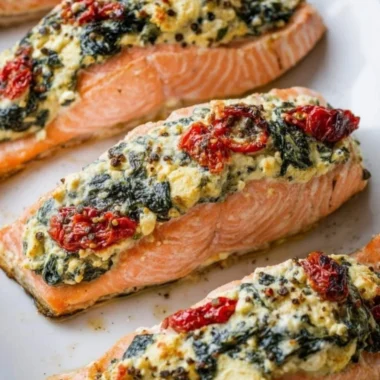 Stuffed salmon with spinach and feta served on a plate