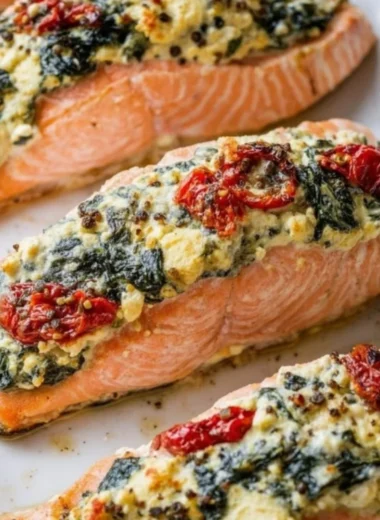Stuffed salmon with spinach and feta served on a plate