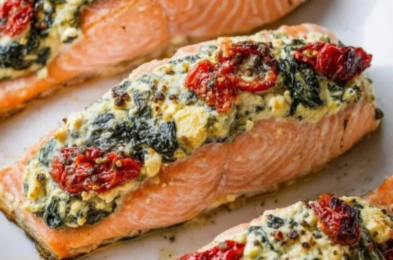 Stuffed salmon with spinach and feta served on a plate