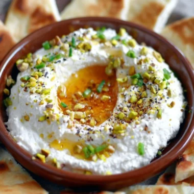 Delicious whipped feta dip drizzled with honey, served in a bowl.