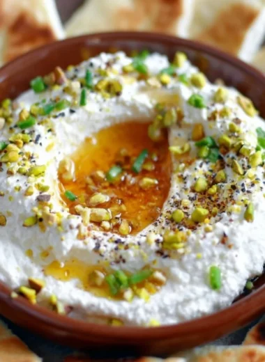 Delicious whipped feta dip drizzled with honey, served in a bowl.