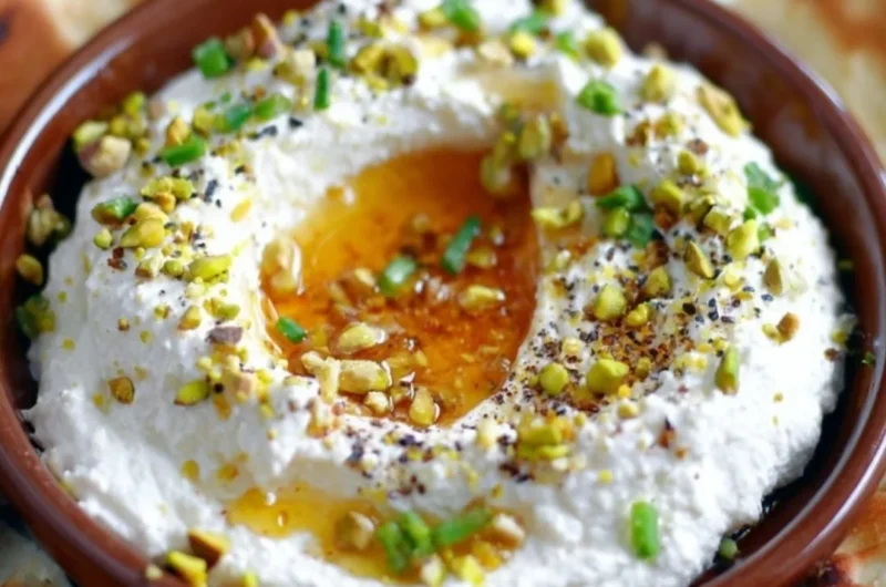 Delicious whipped feta dip drizzled with honey, served in a bowl.