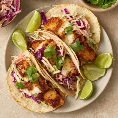 Air fryer fish tacos served with cilantro lime slaw on a plate