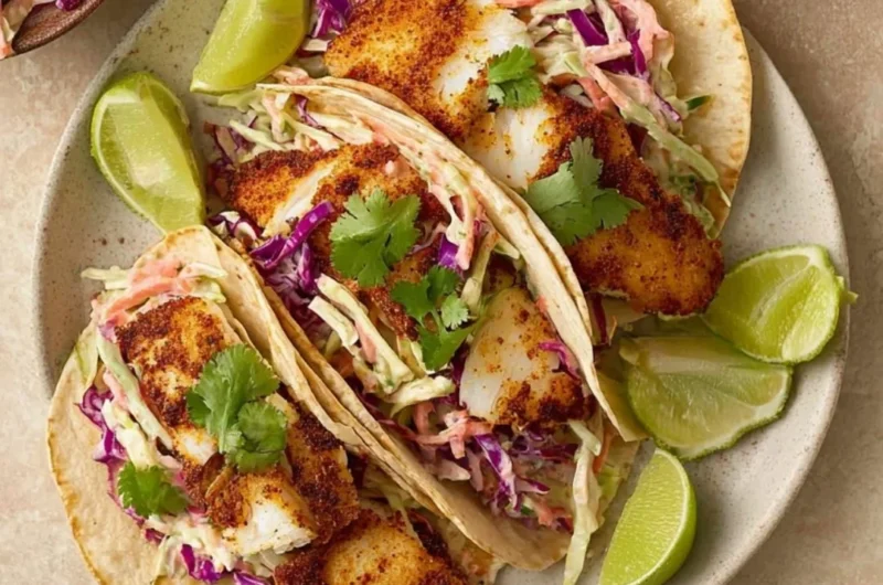 Air fryer fish tacos served with cilantro lime slaw on a plate