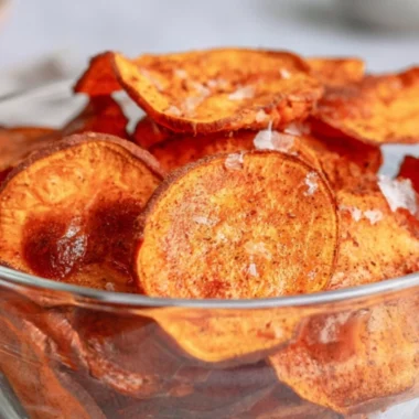 Crispy air fryer sweet potato chips served in a bowl