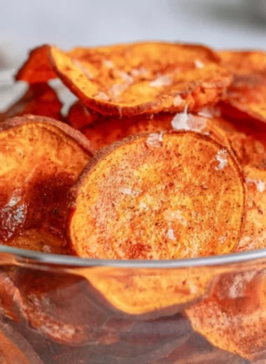 Crispy air fryer sweet potato chips served in a bowl