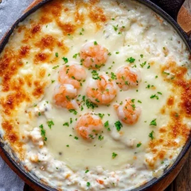 Delicious Baked Shrimp Dip served in a bowl with fresh herbs