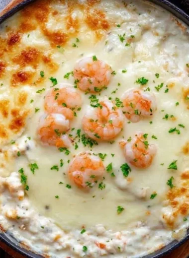 Delicious Baked Shrimp Dip served in a bowl with fresh herbs