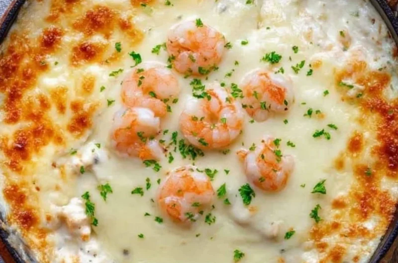 Delicious Baked Shrimp Dip served in a bowl with fresh herbs