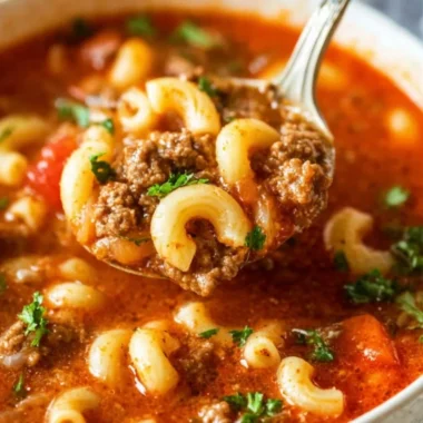 Bowl of Beef and Macaroni Soup with fresh herbs and pasta