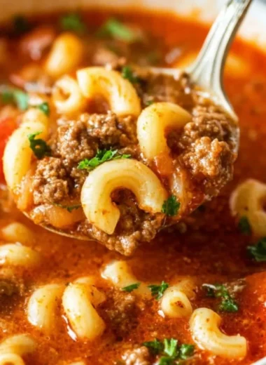 Bowl of Beef and Macaroni Soup with fresh herbs and pasta