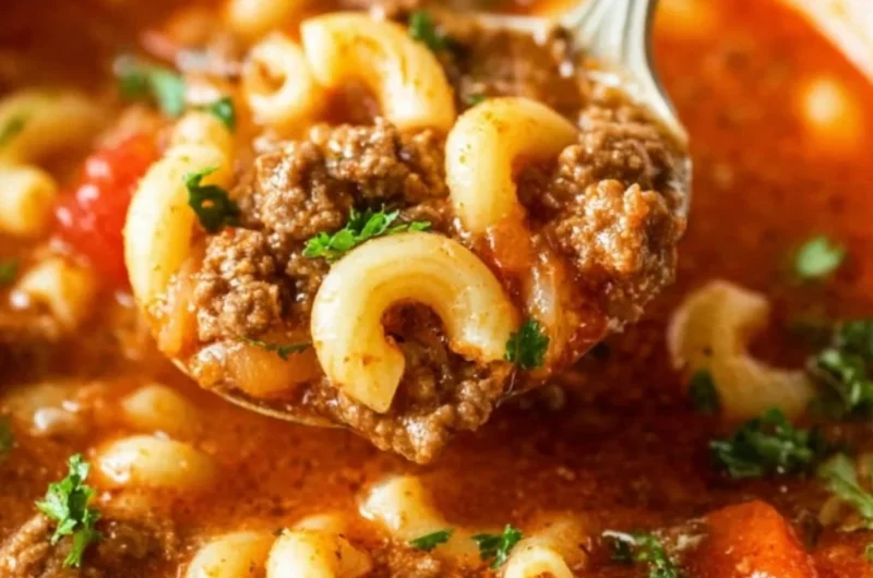 Bowl of Beef and Macaroni Soup with fresh herbs and pasta