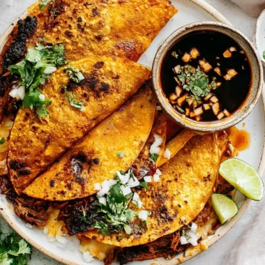 Delicious Beef Birria Tacos (Quesabirria) with rich broth and melted cheese