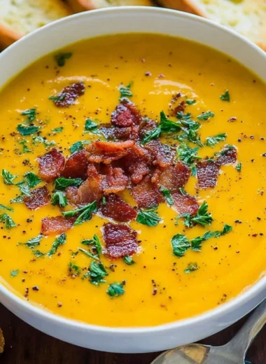 Bowl of creamy carrot soup garnished with herbs and a slice of bread