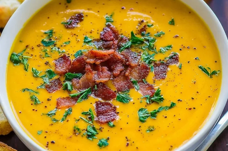 Bowl of creamy carrot soup garnished with herbs and a slice of bread