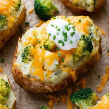 Broccoli and cheddar twice-baked potatoes ready to serve