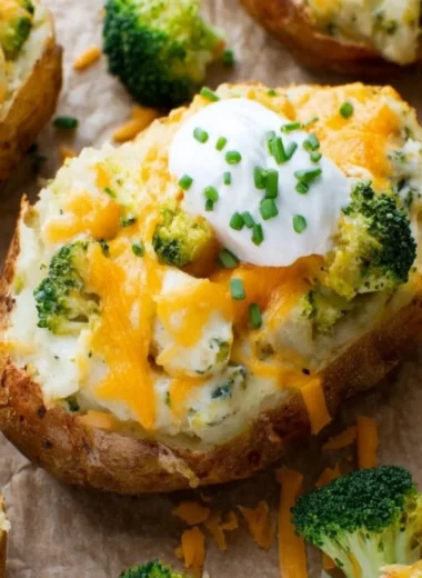 Broccoli and cheddar twice-baked potatoes ready to serve