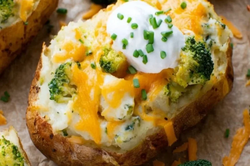 Broccoli and cheddar twice-baked potatoes ready to serve