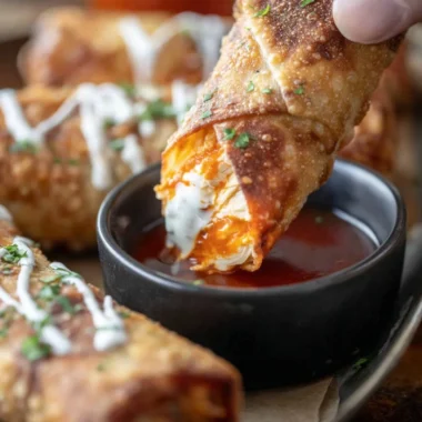 Crispy buffalo chicken egg rolls served with dipping sauce
