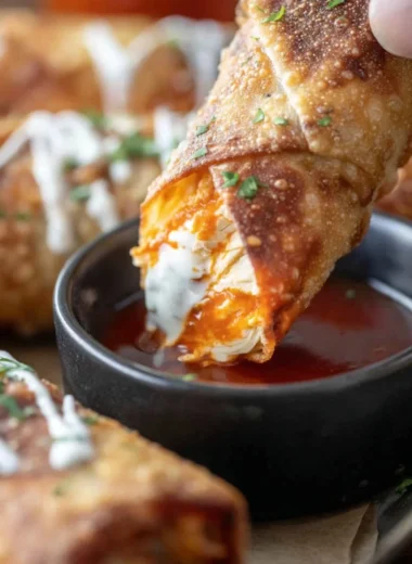 Crispy buffalo chicken egg rolls served with dipping sauce