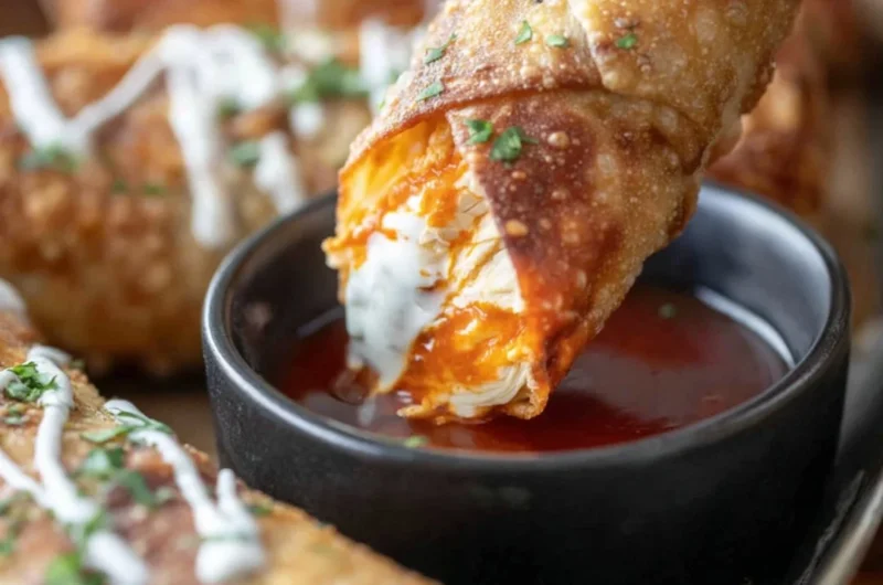 Crispy buffalo chicken egg rolls served with dipping sauce