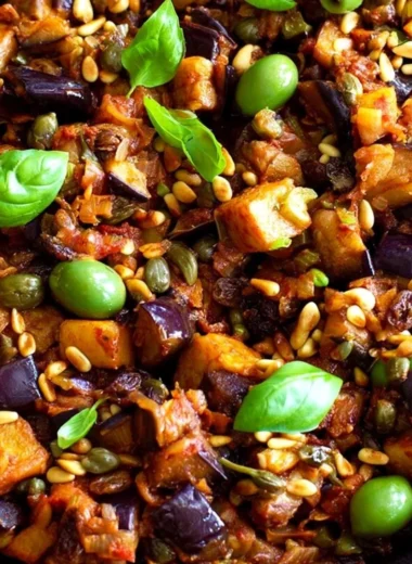 A bowl of traditional Sicilian caponata made with eggplant and vegetables