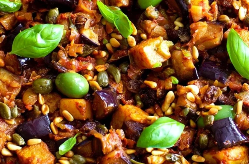 A bowl of traditional Sicilian caponata made with eggplant and vegetables