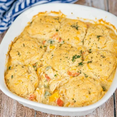 Cheddar Bay Chicken Pot Pie Casserole topped with flaky crust and cheese.